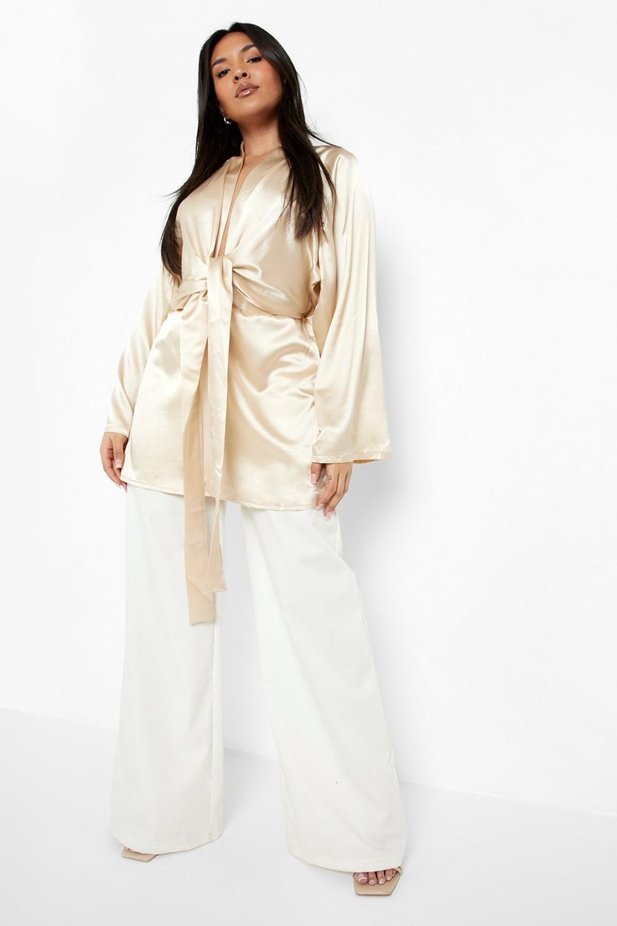 Champagne Plus Knot Front Satin Blouse image number 1