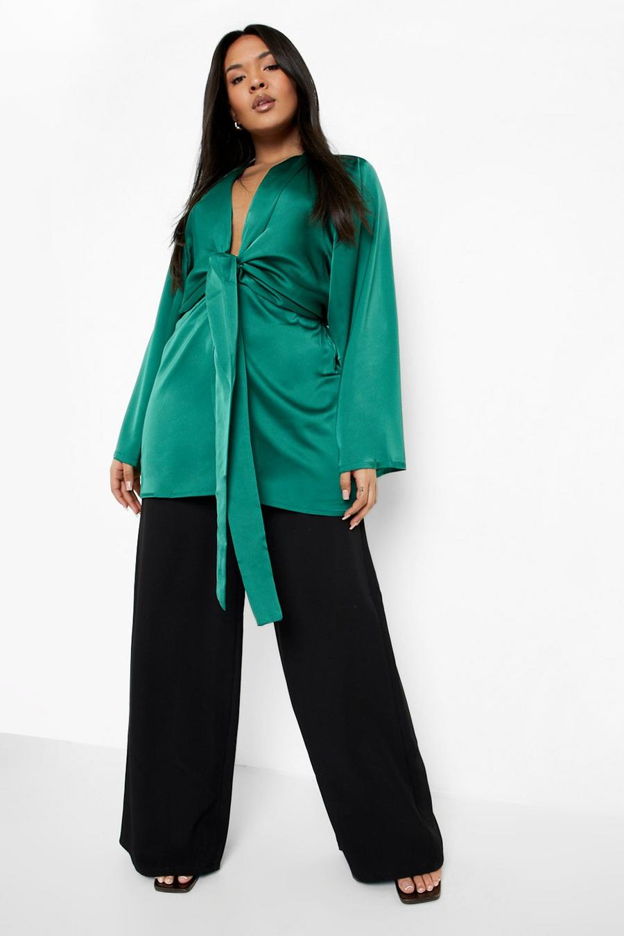 Green Plus Knot Front Satin Blouse image number 1
