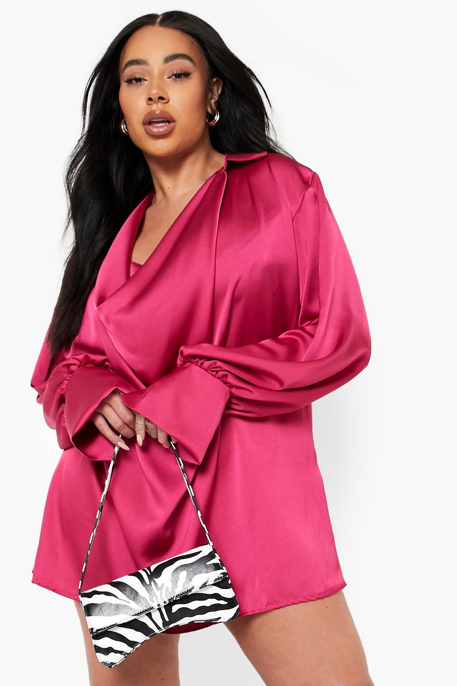 Hot pink Plus Cowl Neck Shirt Dress
