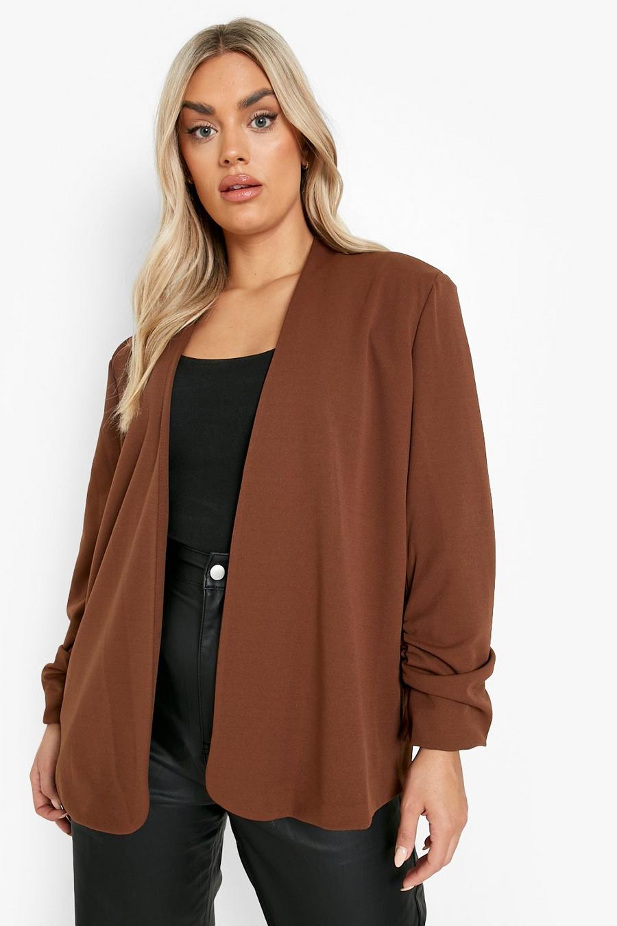 Chocolate Plus Collarless Ruched Sleeve Blazer image number 1
