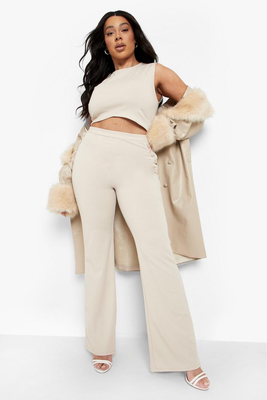 Stone beige Plus Button Detail Fit And Flare Trousers