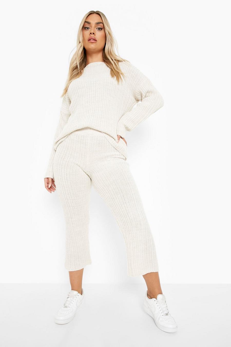 Cream white Plus Pants Knitted Two-Piece