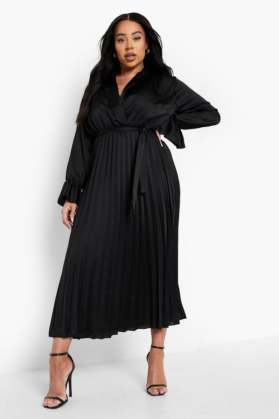 Black שמלת מידקסי סאטן עם קפלים, מידות גדולות image number 1
