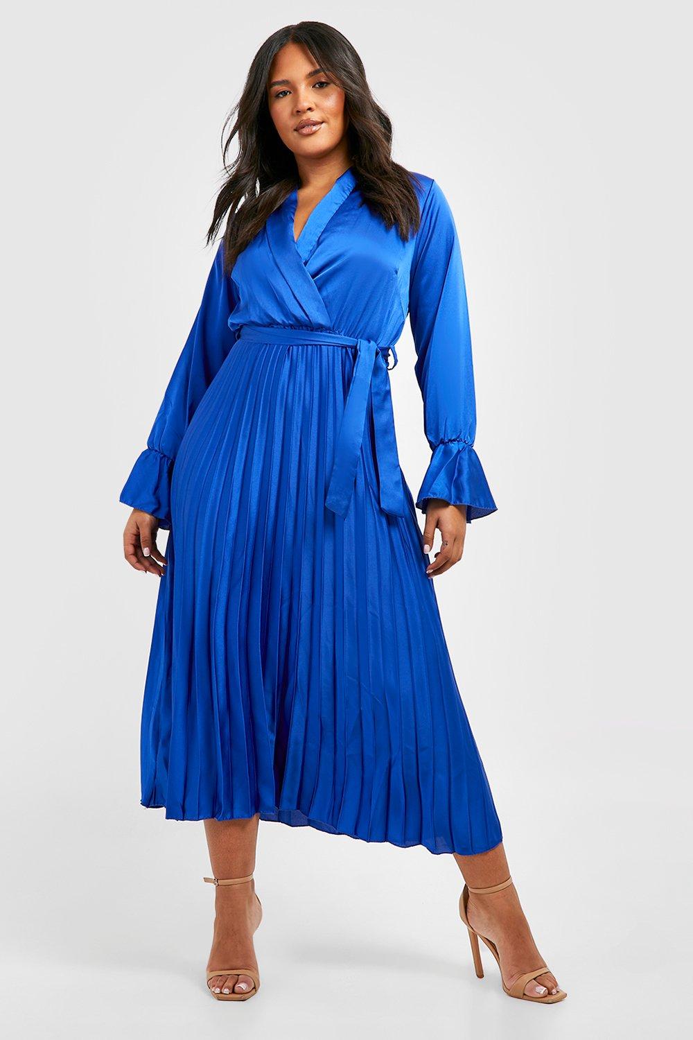 Plus Satin Pleated Midi Dress