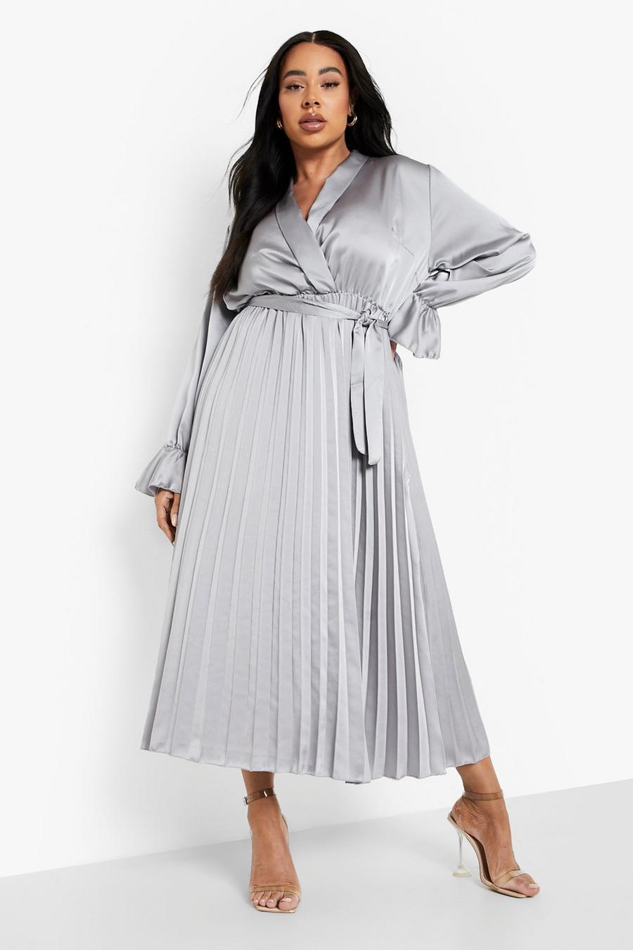 Grey Plus Satin Pleated Midi Dress image number 1