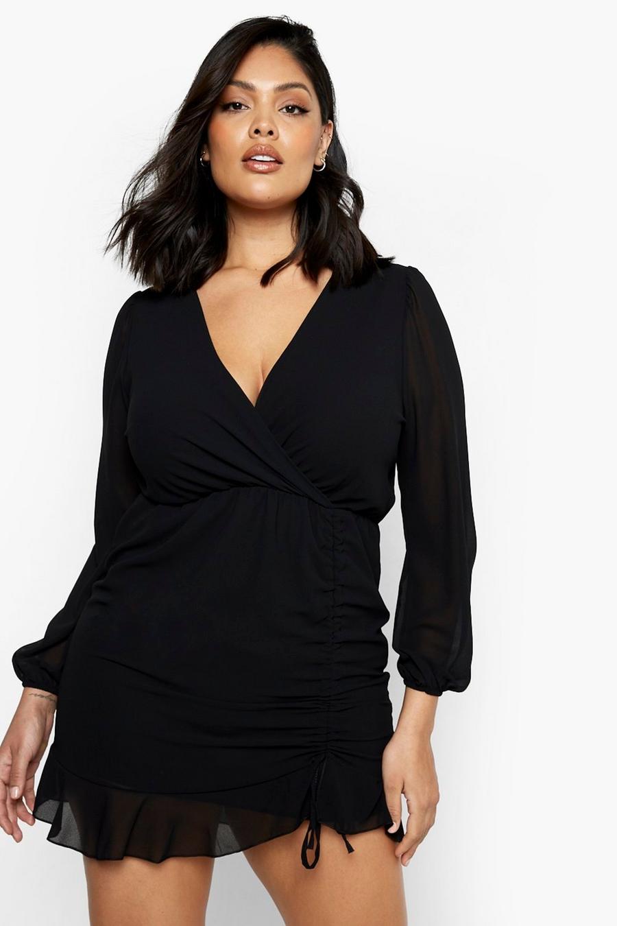Black Plus Georgette Ruffle Ruched Wrap Dress image number 1