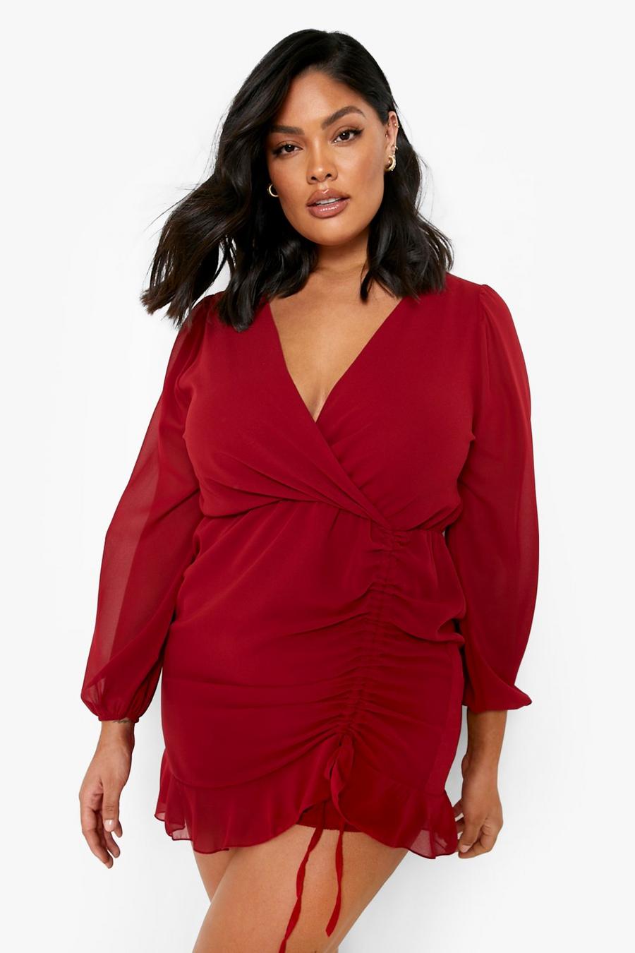 Wine Plus Georgette Ruffle Ruched Wrap Dress image number 1