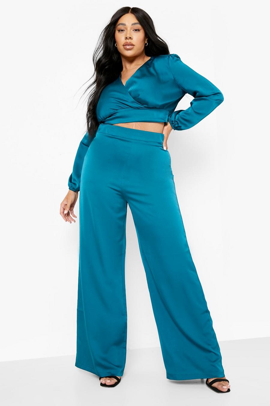 Teal Plus Satin Wide Leg Trousers image number 1