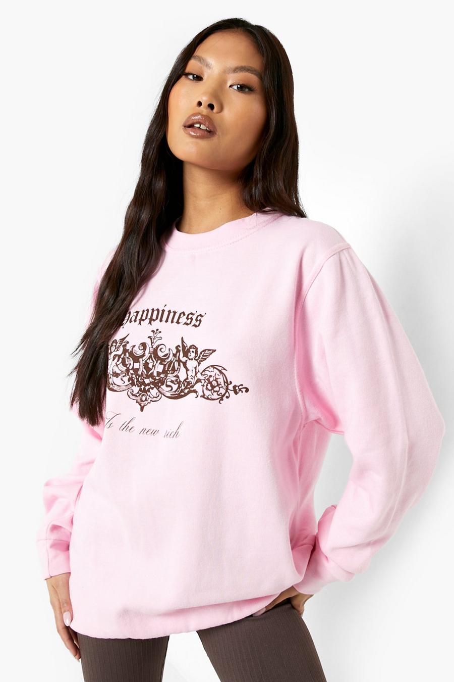 Pink Petite Happiness Slogan Printed Sweatshirt image number 1