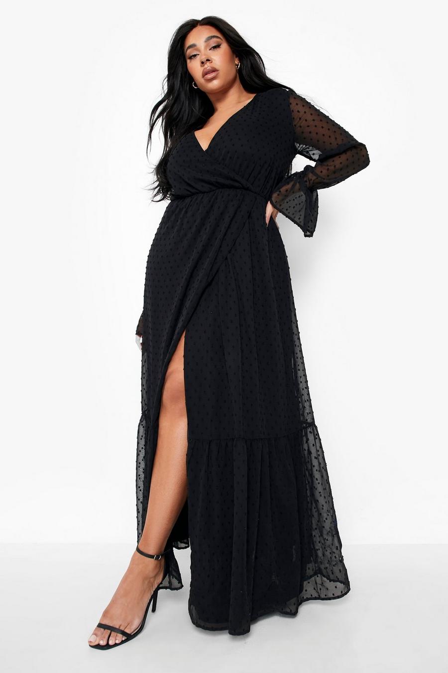 Black Plus Dobby Mesh Long Sleeve Wrap Maxi Dress image number 1