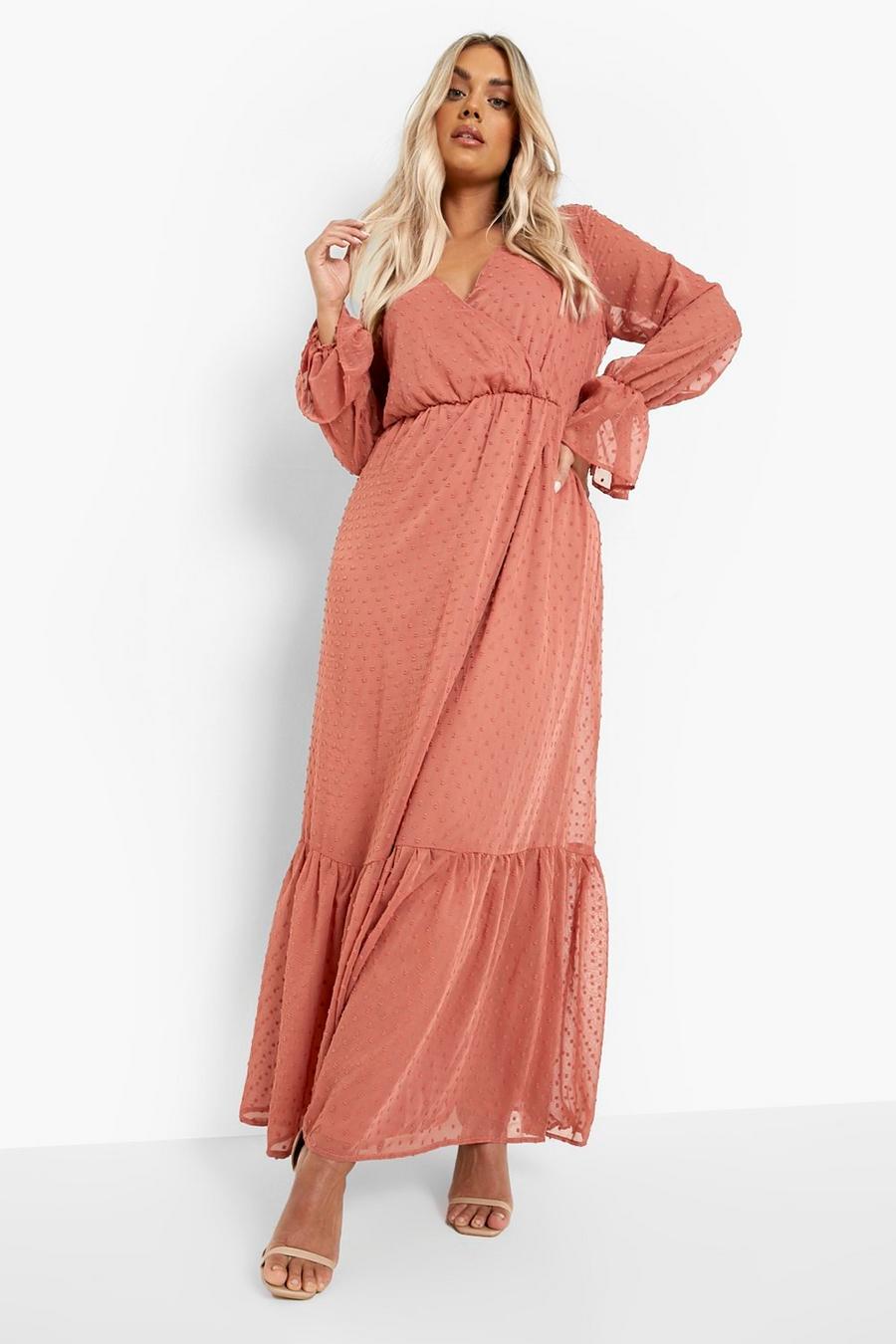 Rose pink Plus Dobby Mesh Long Sleeve Wrap Maxi Dress image number 1