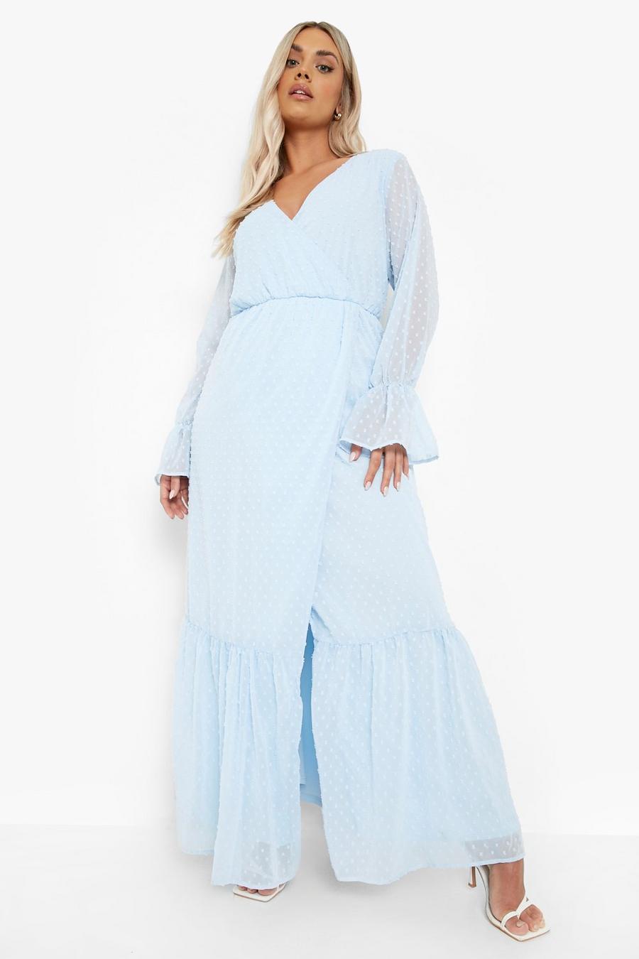 Sky blue Plus Dobby Mesh Long Sleeve Wrap Maxi Dress image number 1
