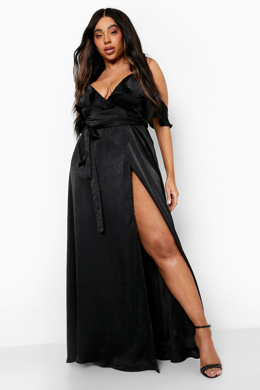Black Plus Satin Cold Shoulder Wrap Maxi Dress image number 1