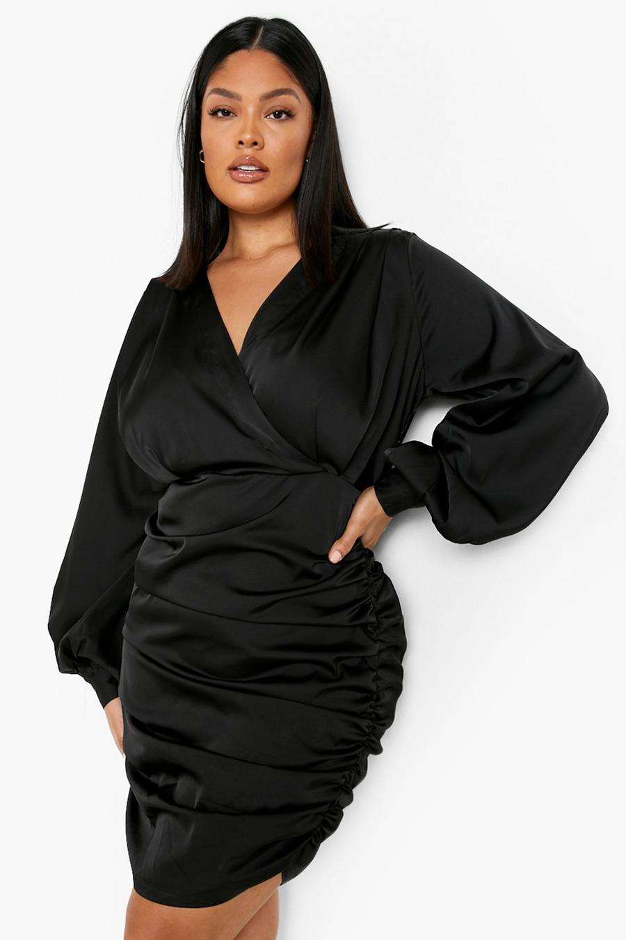 Black Plus Satin Printed Ruched Bodycon Dress image number 1