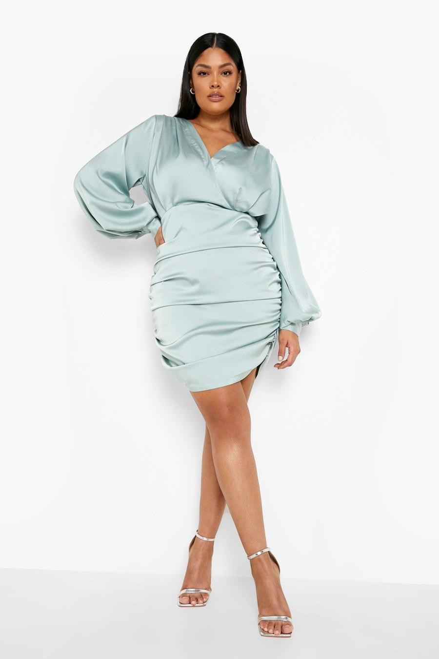 Sage Plus Satin Printed Ruched Bodycon Dress image number 1