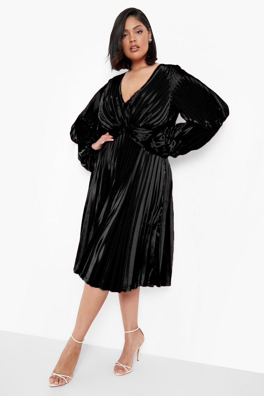Black Plus Satin Pleated Blouson Sleeve Midi Dress image number 1