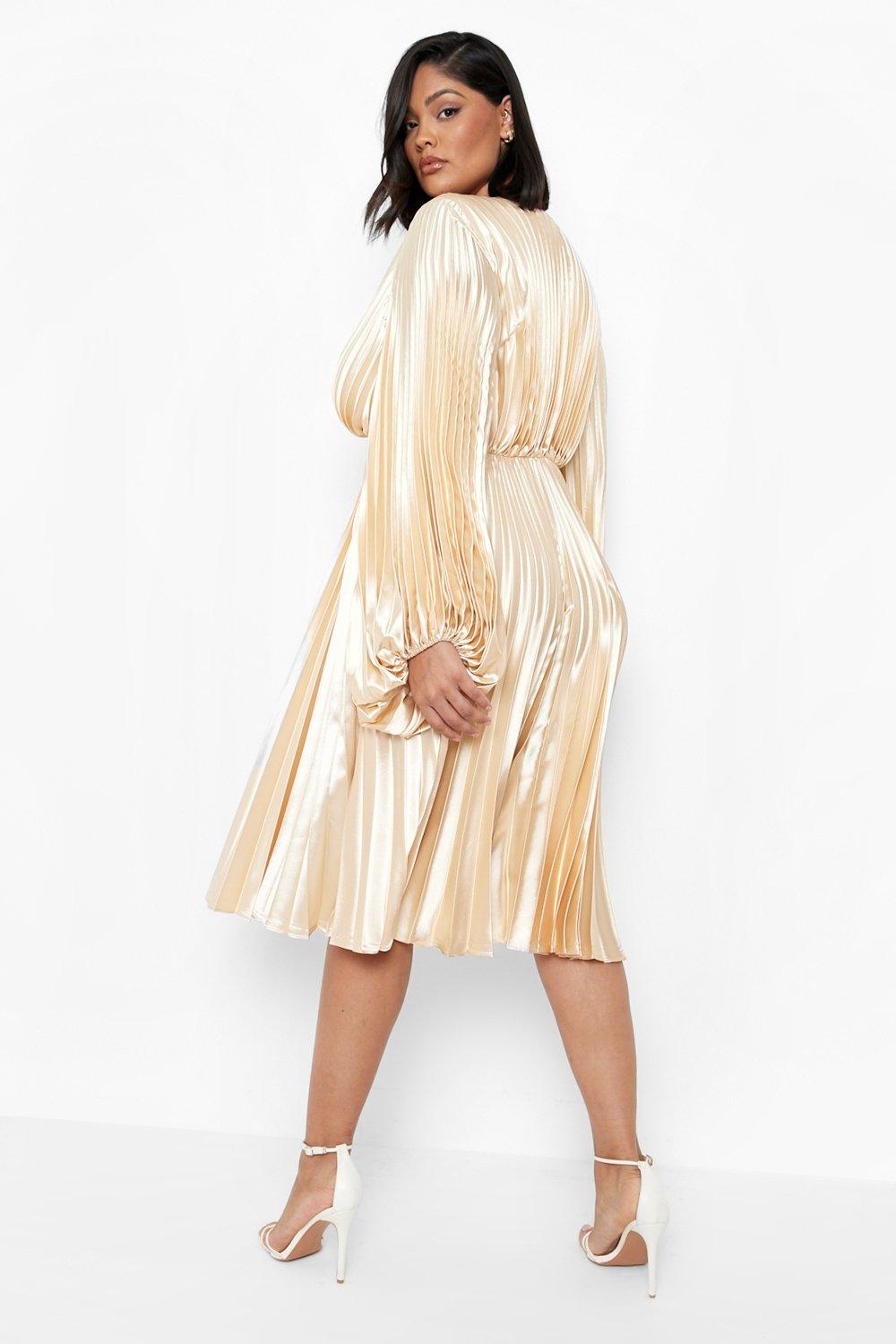 Plus Satin Pleated Blouson Sleeve Midi Dress