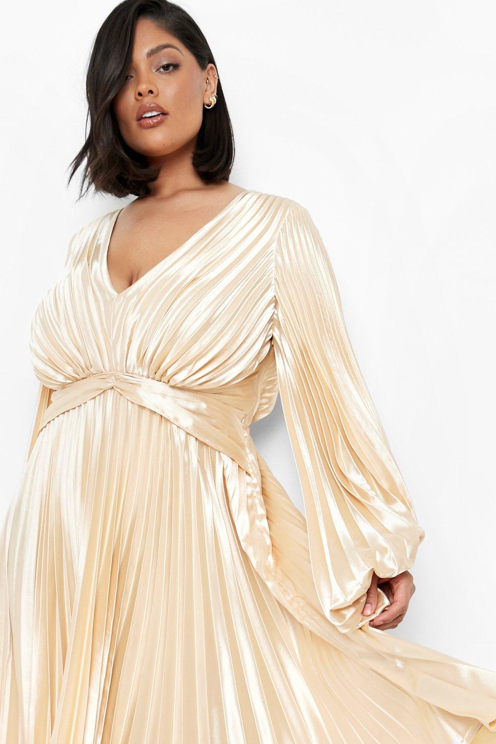 Plus Satin Pleated Blouson Sleeve Midi Dress