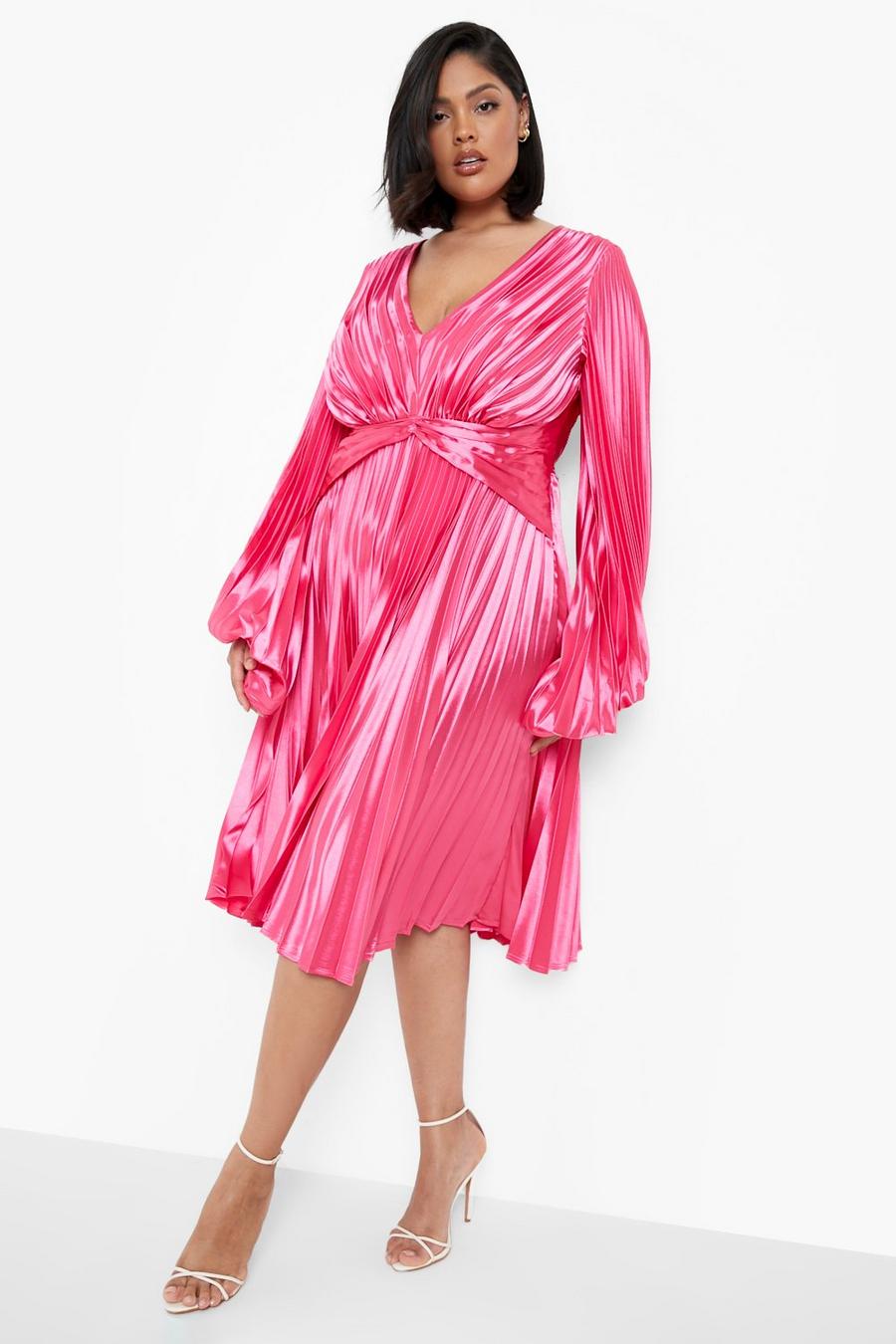 Hot pink rose Plus Satin Pleated Blouson Sleeve Midi Dress