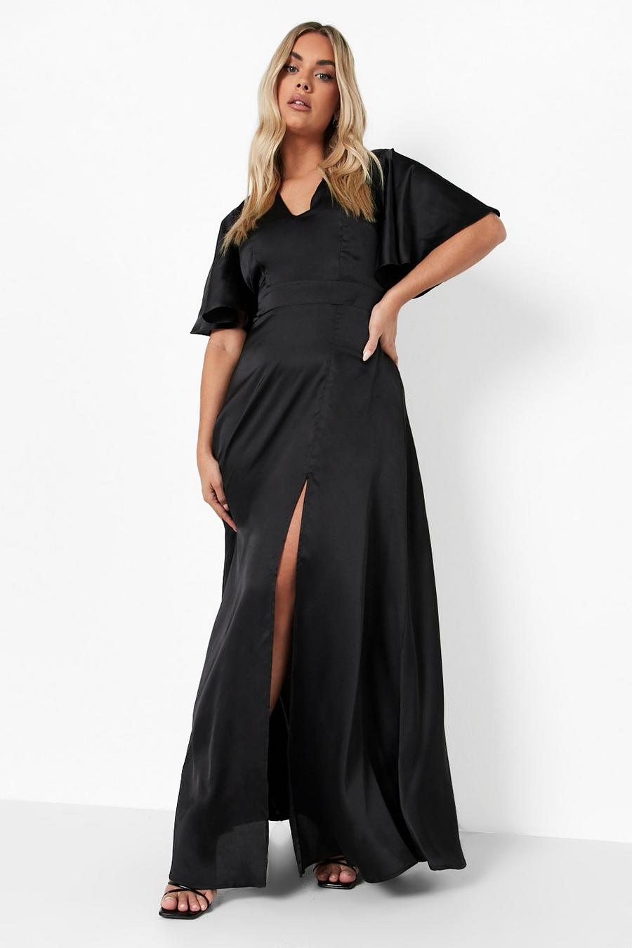 Black svart Plus Satin Angel Sleeve Split Maxi Dress