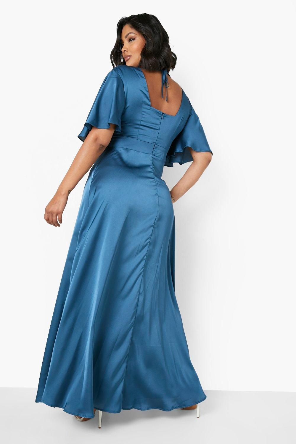 Plus Satin Angel Sleeve Split Maxi Dress