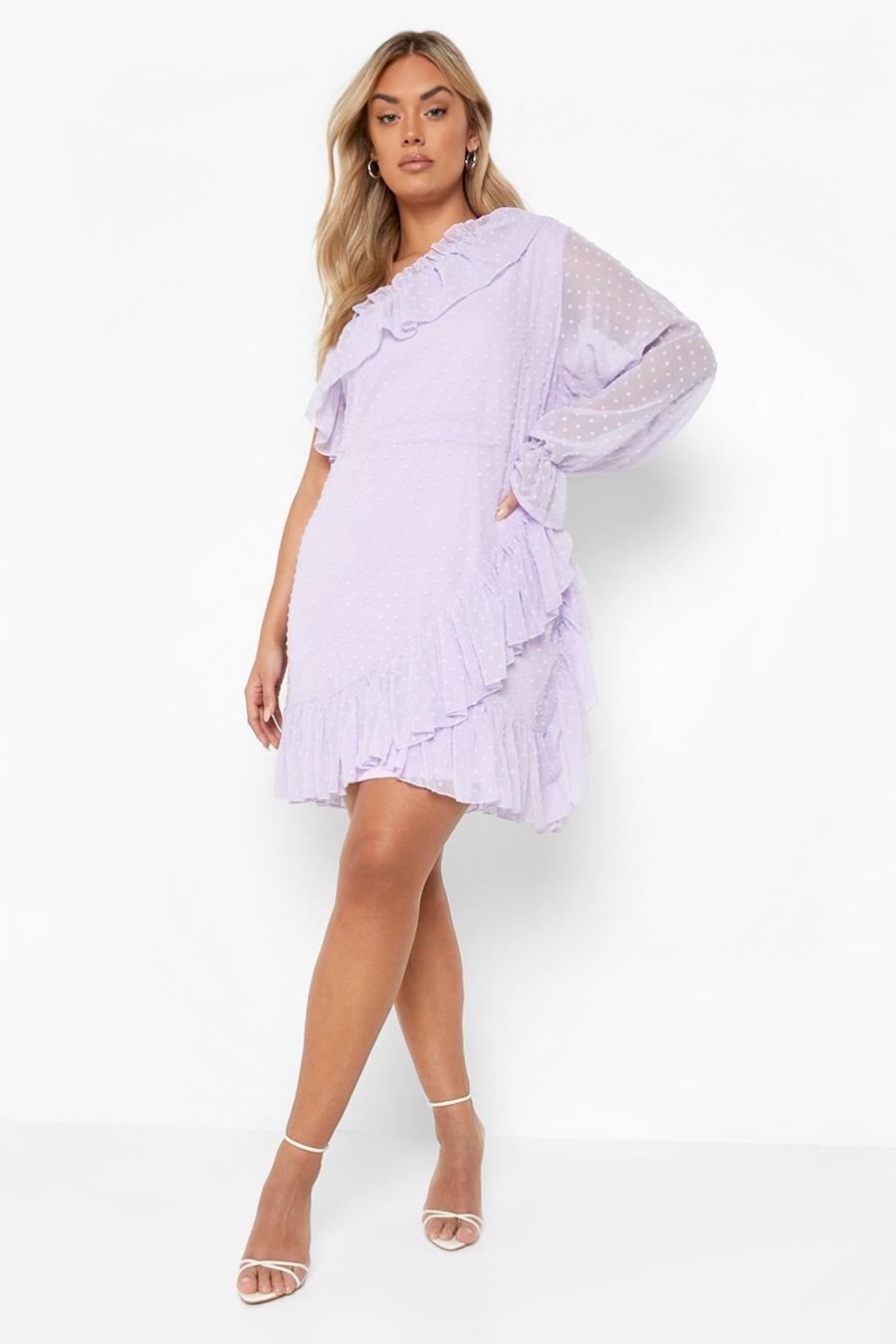 Lilac Plus Dobby Mesh One Shoulder Ruffle Dress image number 1