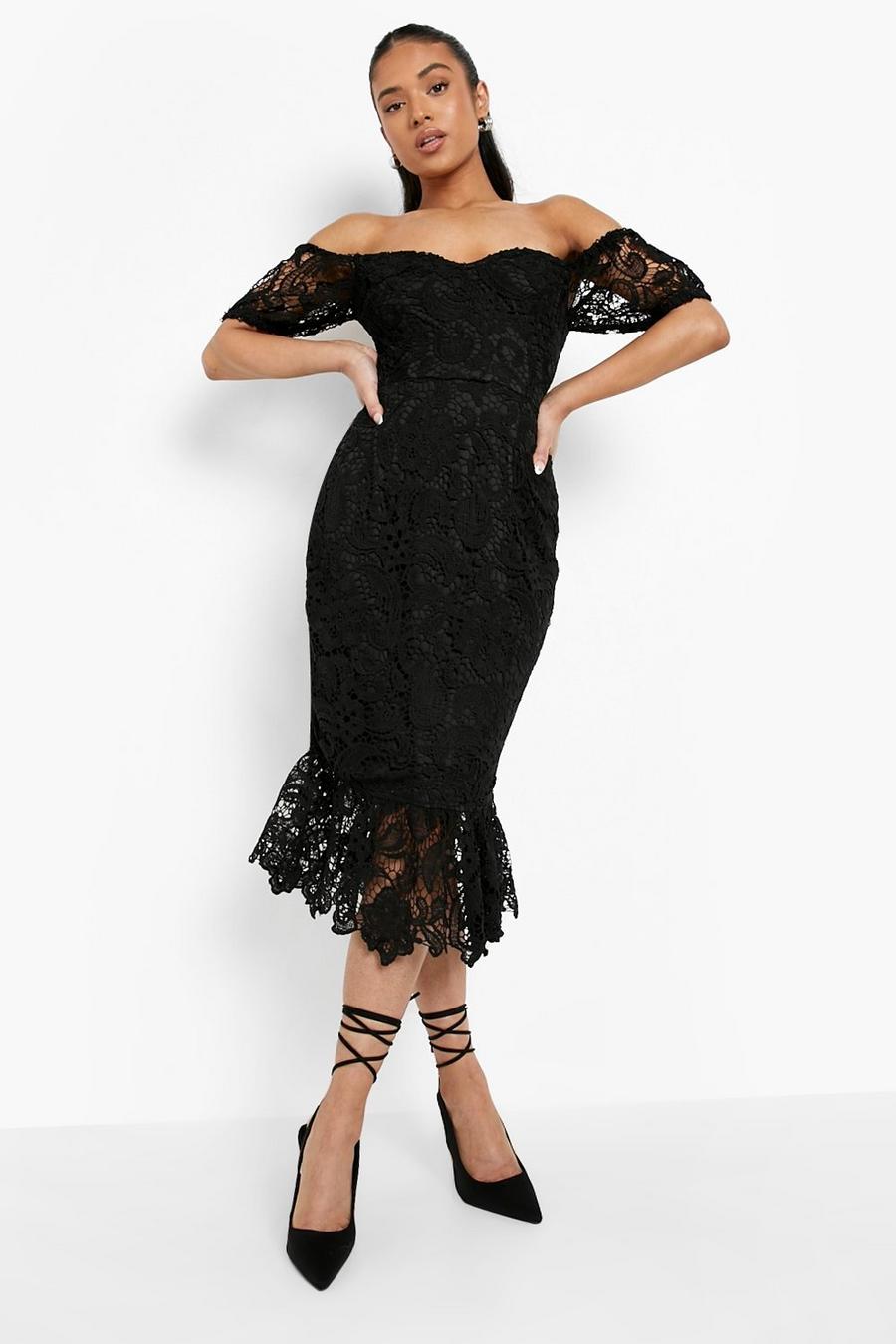 Black Petite Premium Lace Frill Puff Sleeve Dress image number 1