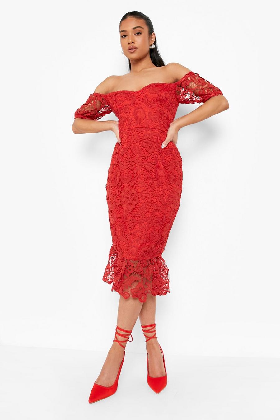 Red Petite Premium Lace Frill Puff Sleeve Dress