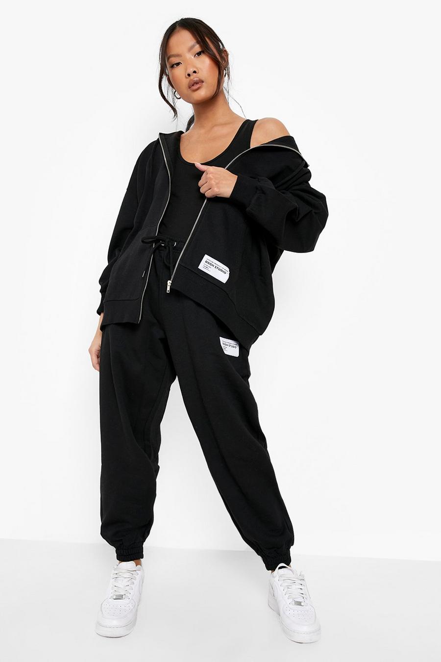 Black Petite 3 Piece Bodysuit Zip Through Tracksuit image number 1