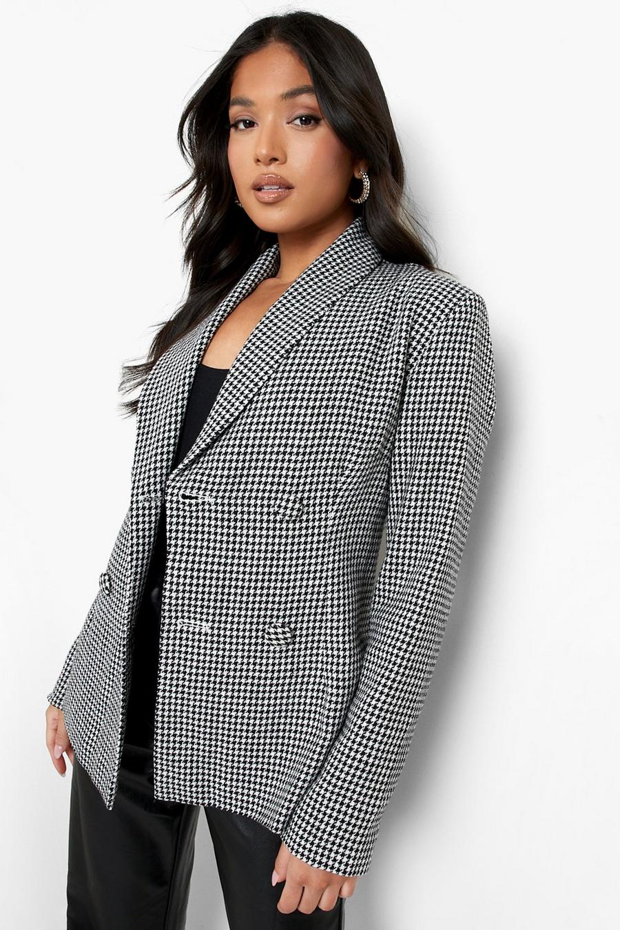 Black Petite Dogtooth Check Double Breasted Blazer image number 1