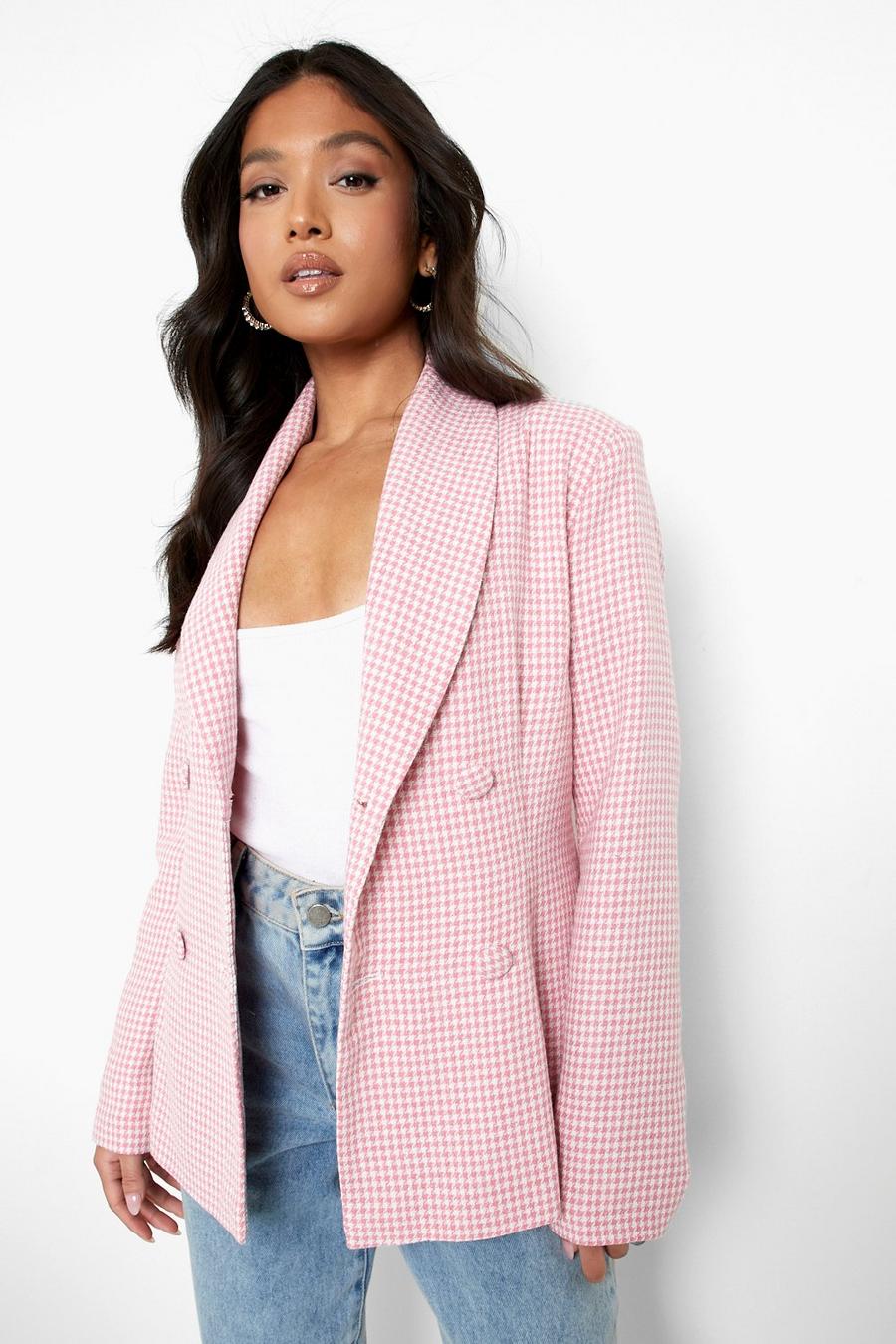 Pale pink Petite Dogtooth Check Double Breasted Blazer image number 1