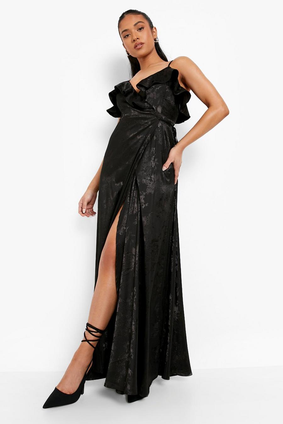Black Petite Jacquard Ruffle Detail Maxi Dress image number 1