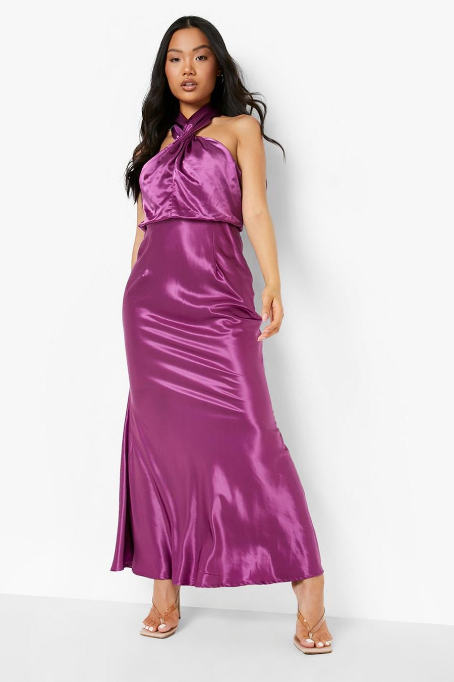 Purple Petite Twist Front Halter Satin Maxi Dress image number 1
