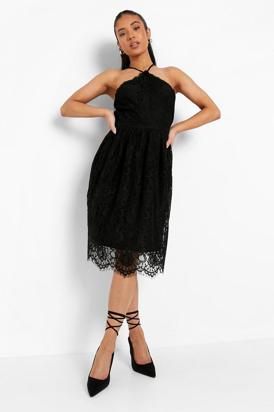 Black Petite Floral Lace Open Back Midi Dress image number 1
