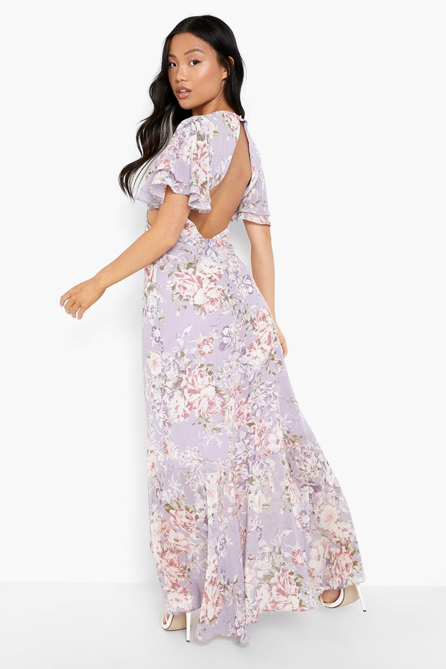Lilac purple Petite Floral Print Angel Sleeve Maxi Dress