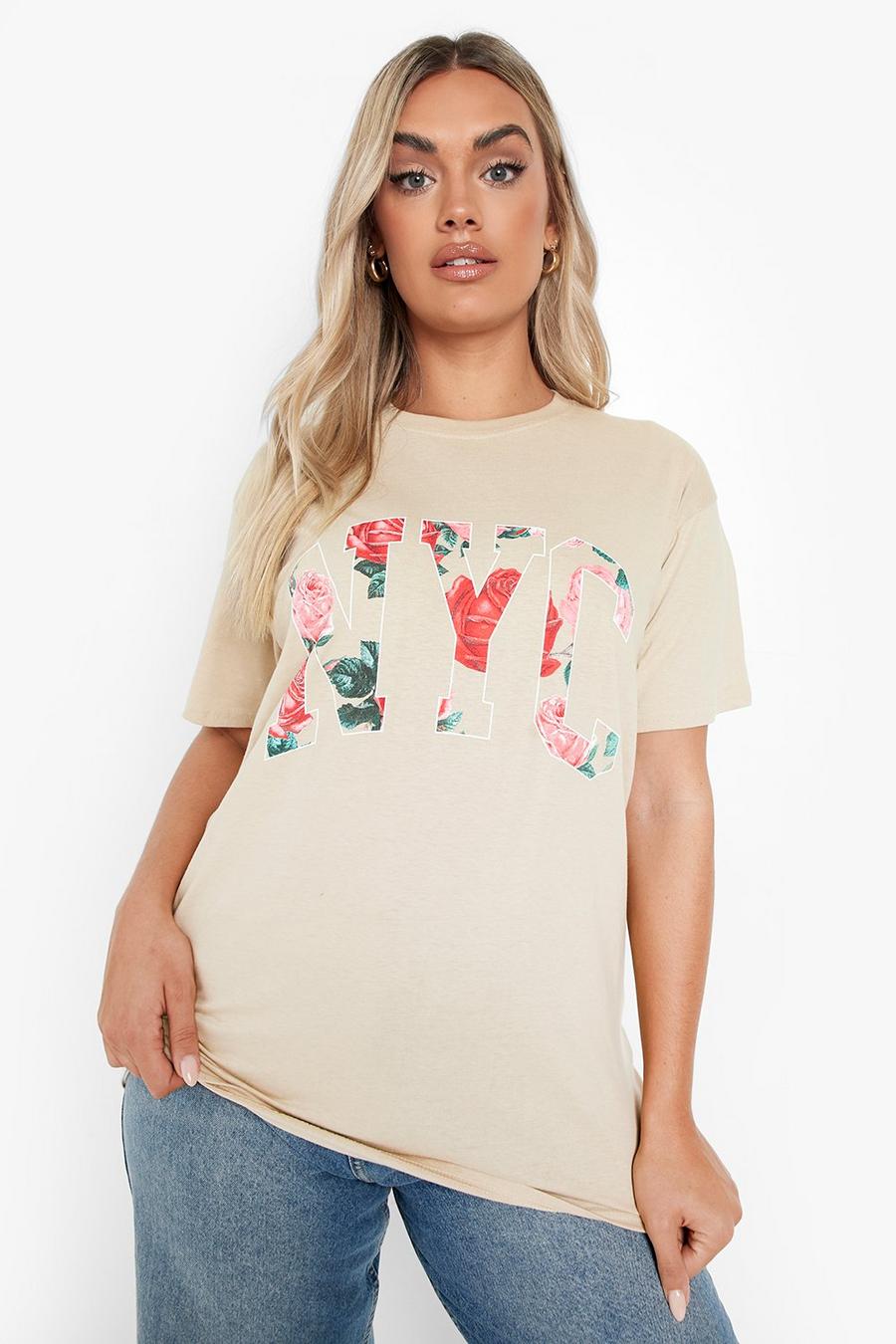 Grande taille - T-shirt à imprimé N.Y.C à motif fleuri , Sand image number 1