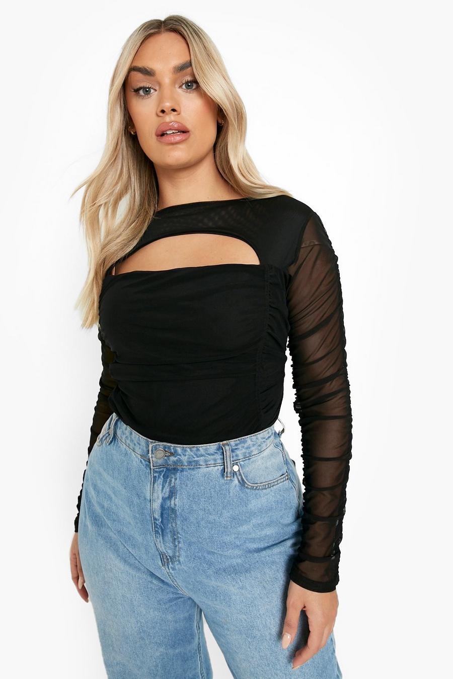 Body Plus Size in rete con ruches e cut-out, Black image number 1