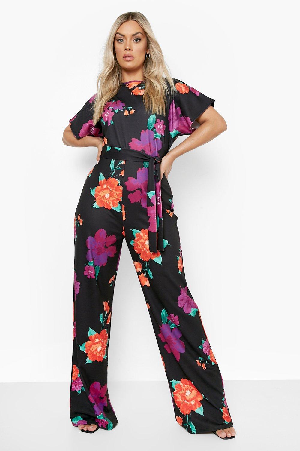 Plus Floral Print Belted Wide Leg ...