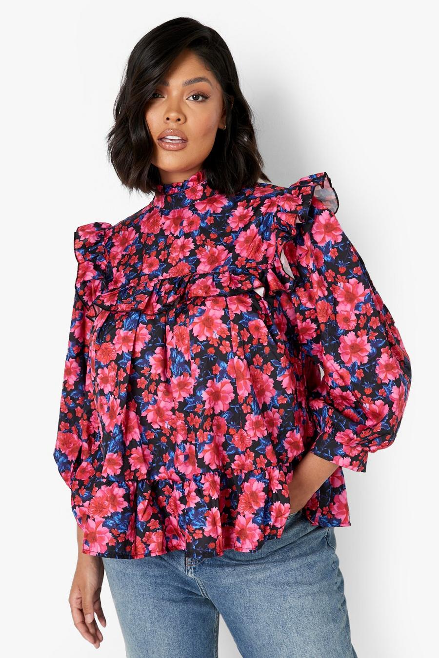 Pink Plus Floral High Neck Puff Sleeve Smock Top image number 1