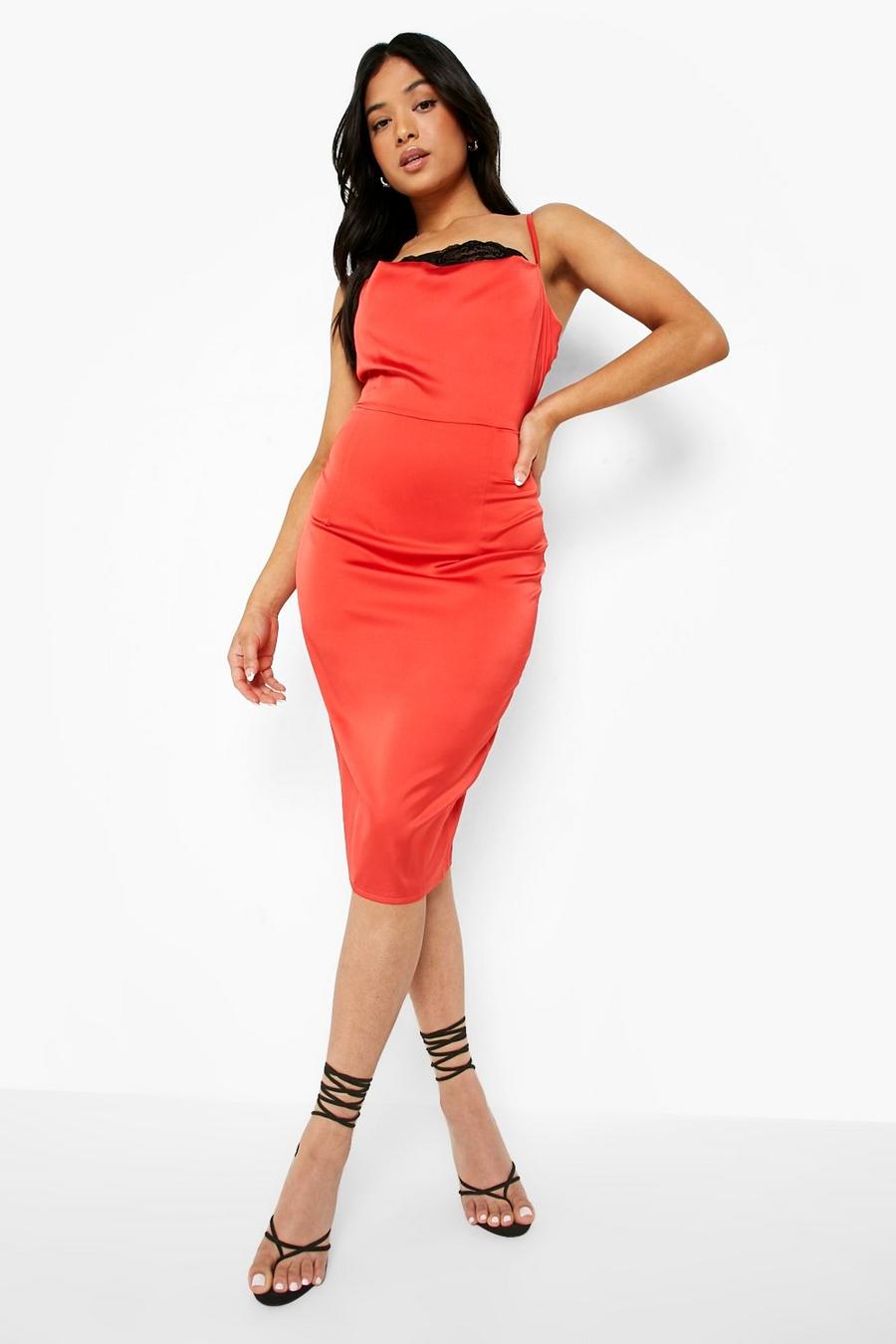 Red Petite Satin Lace Cowl Front Midi Dress image number 1