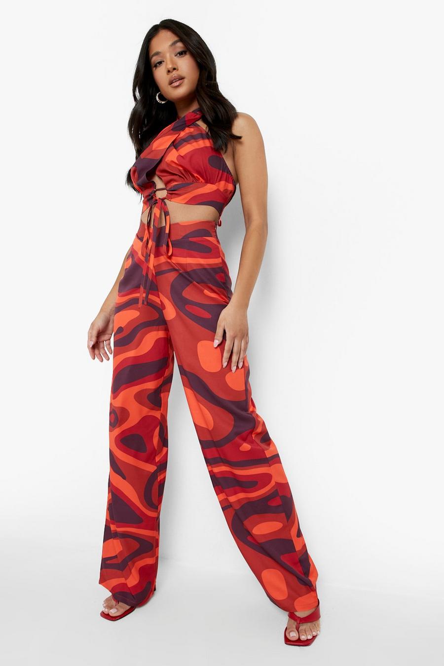 Red Petite Abstract Marble Print Flare Pants image number 1