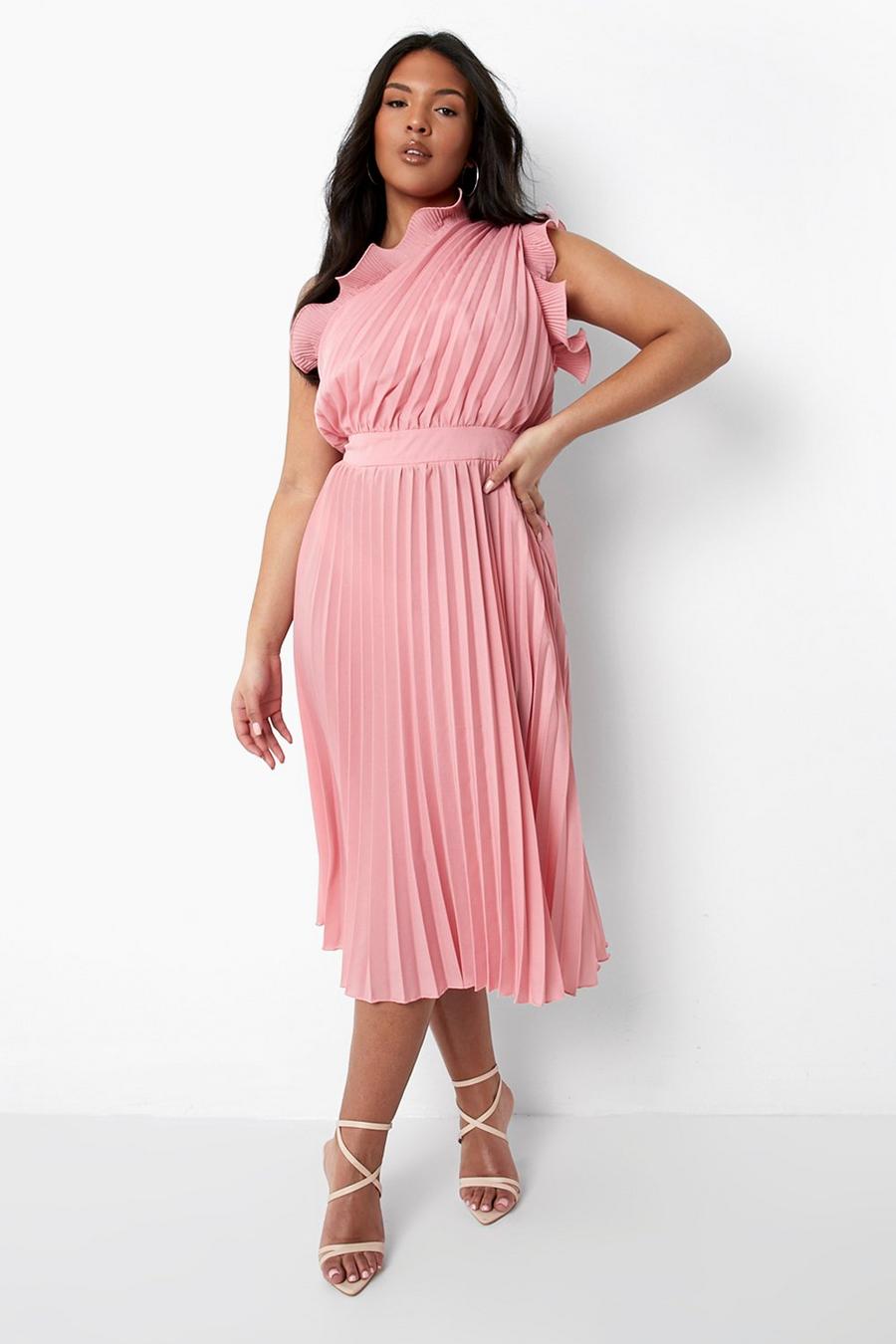 Pink Plus Pleated Ruffle One Shoulder Midi Dress image number 1