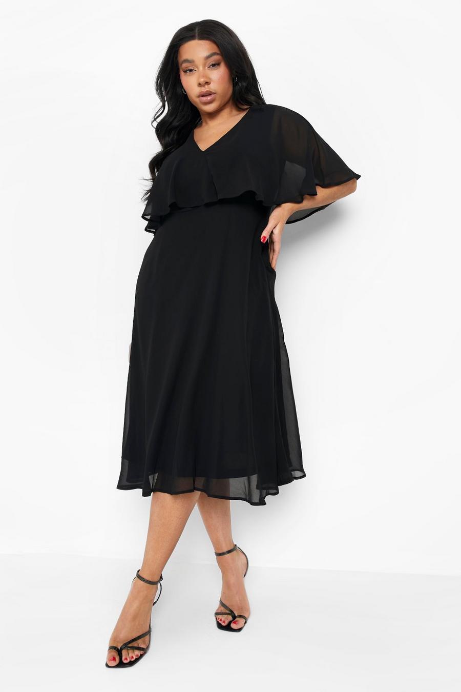 שחור שמלת סקייטר מידי מעטפת משיפון עם שרוולי שכמייה למידות גדולות
