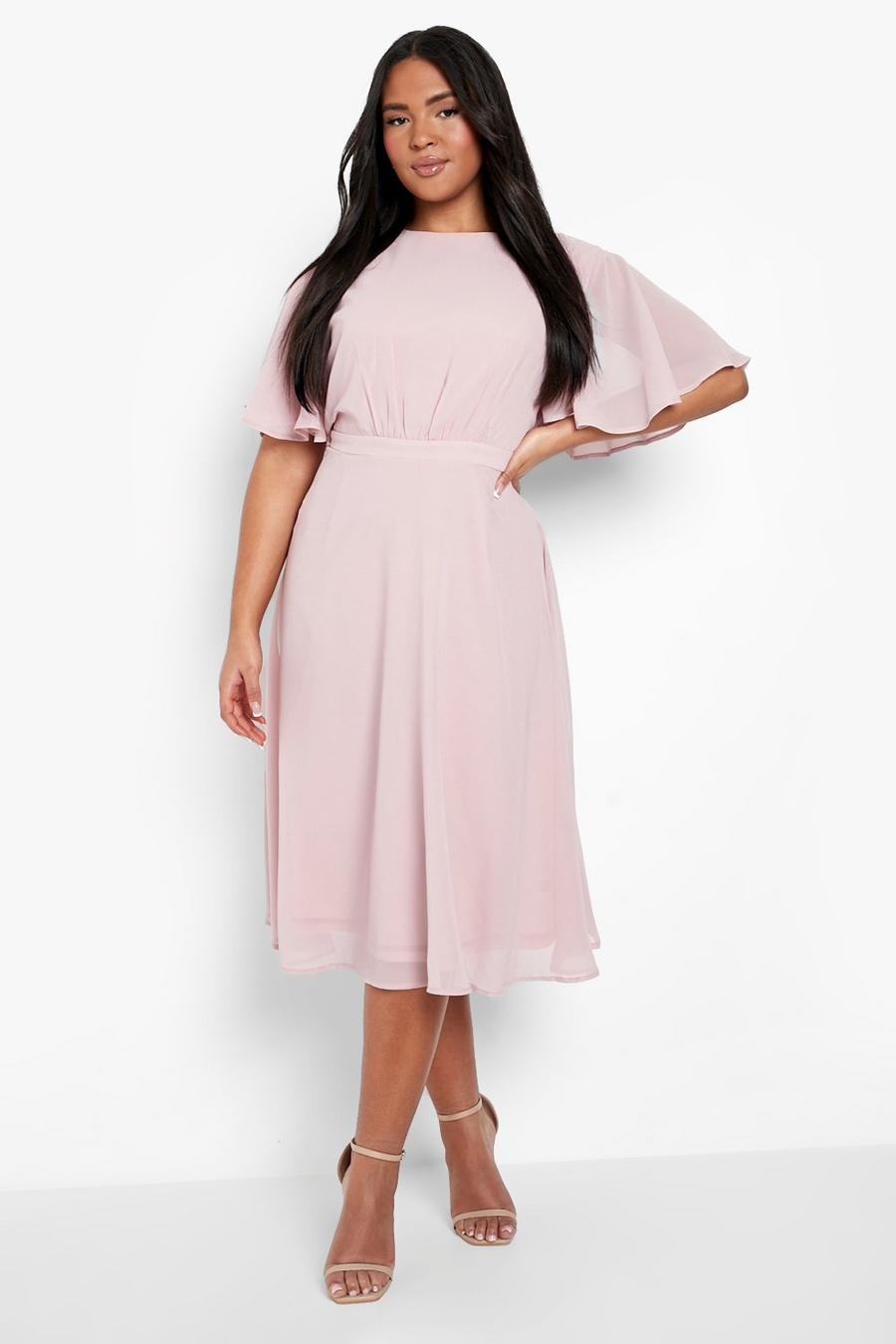 Soft pink rosa Plus Occasion Pleated Angel Sleeve Skater Dress