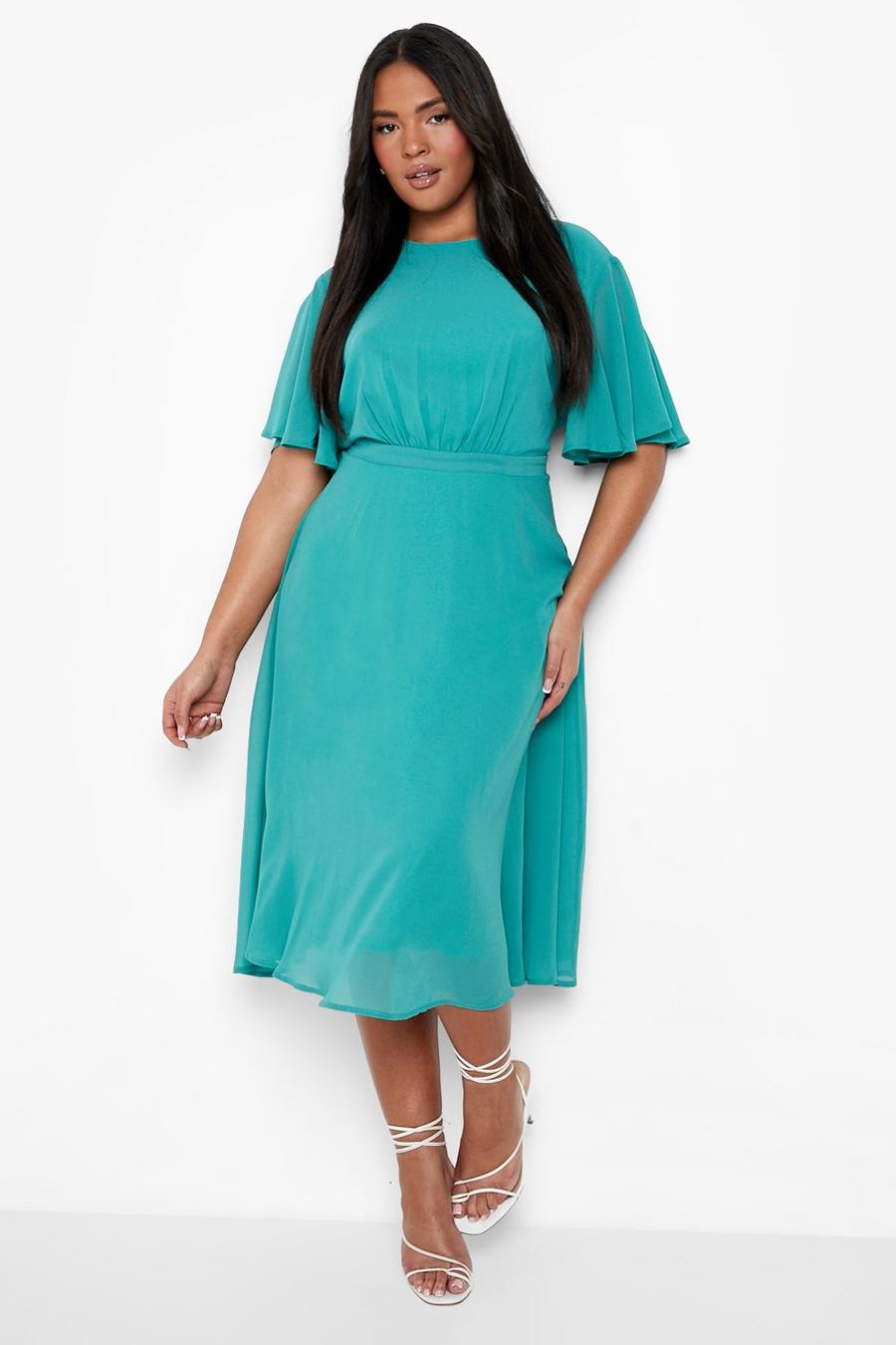 Teal Plus Occasion Pleated Angel Sleeve Skater Dress image number 1
