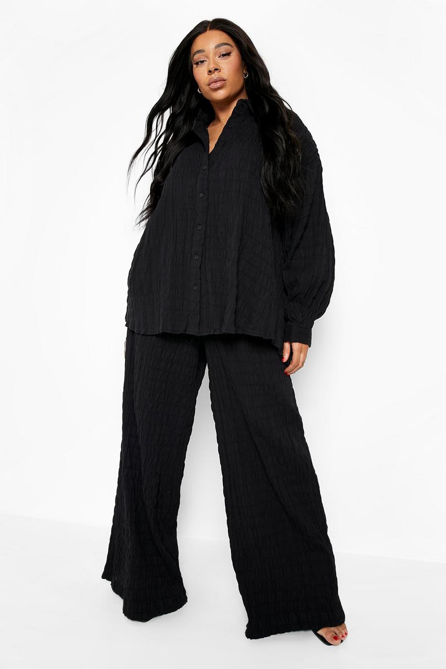 Camicia Plus Size effetto goffrato & pantaloni coordinati, Black nero