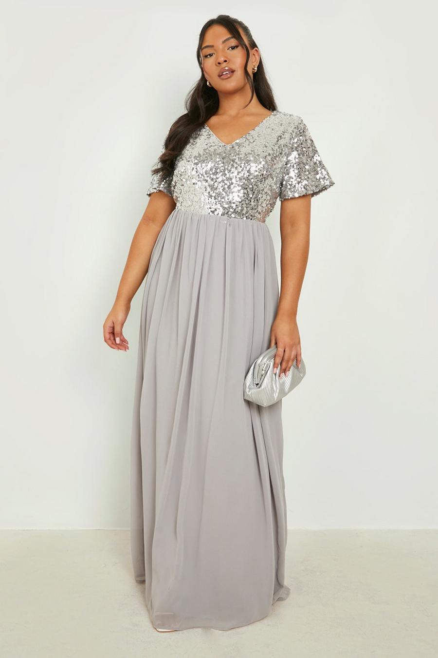 Silver Plus Sequin Cap Sleeve Maxi Dress image number 1