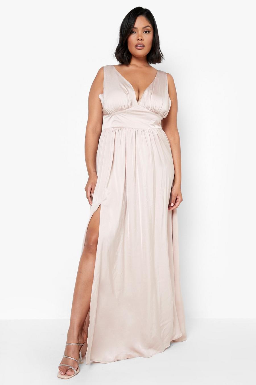 Champagne Plus Satin Plunge Ruched Maxi Dress image number 1