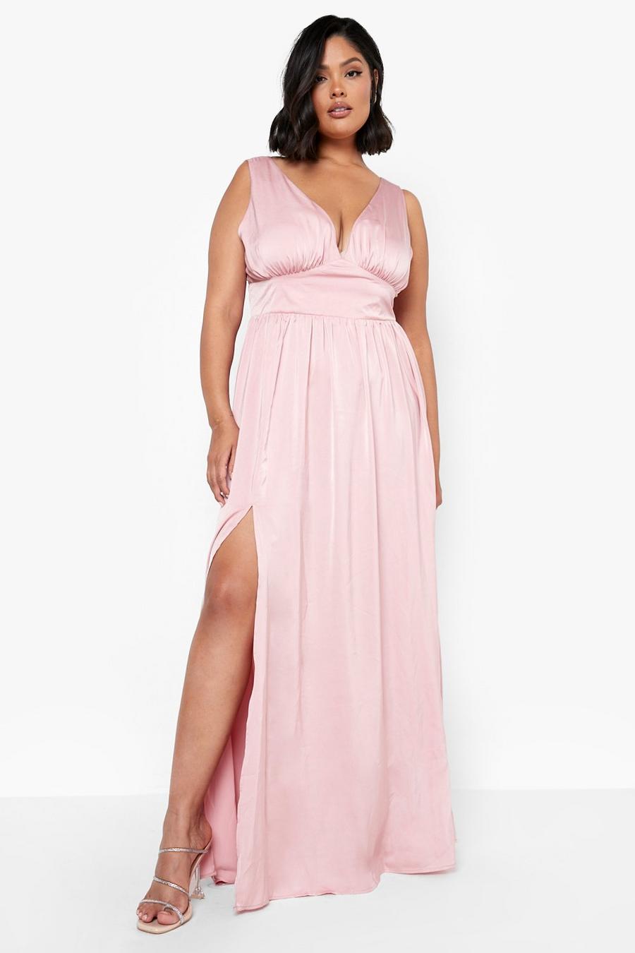 Rose pink Plus Satin Plunge Ruched Maxi Dress