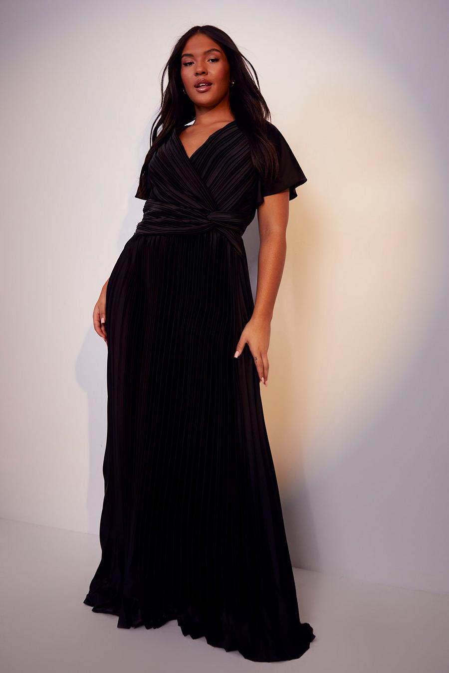 Black Plus Pleated Twist  Angel Sleeve Maxi Dress image number 1
